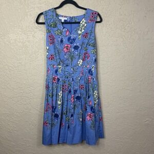 Talbots RSVP Blue Sleeveless Floral Pockets Cotton Fit Flare Dress Size 4Petite